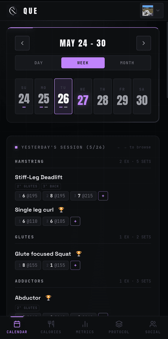 Calendar screen in the Que app