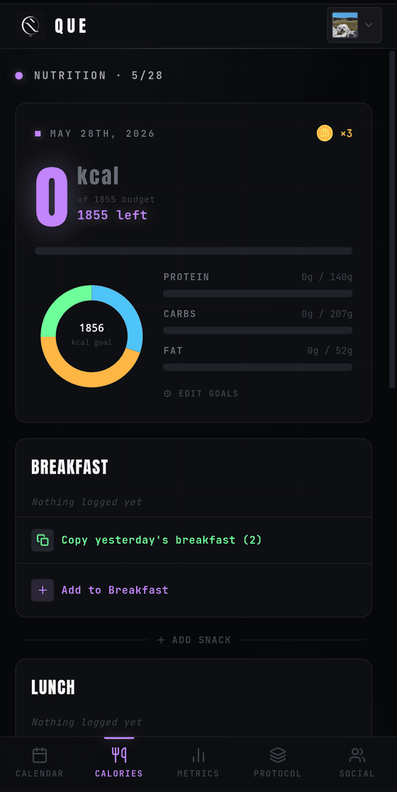 Calories screen in the Que app